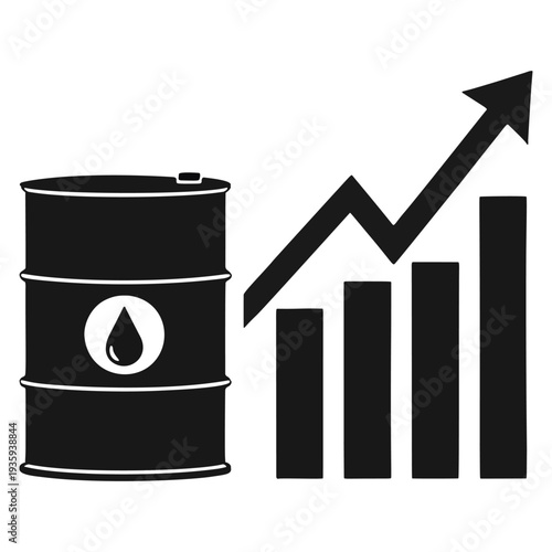 Rising oil price icon with barrel, oil drop and upward bar chart arrow vector illustrating petroleum market growth isolated on transparent background