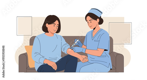 Nurse administering injection to patient at home, healthcare, medical treatment, doctor visit