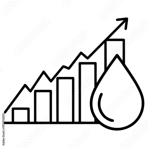 Rising water or oil cost icon with droplet and upward bar chart arrow line art vector representing water or oil price increase or consumption growth isolated on transparent background, price surge