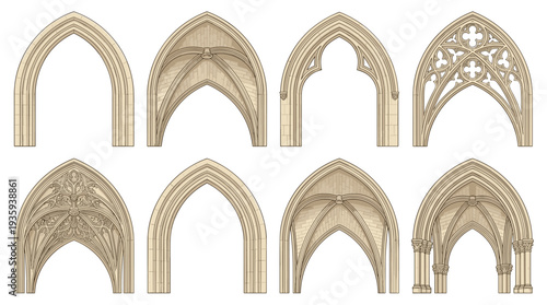 "Collection of eight Gothic architectural arch illustrations featuring pointed arches, ribbed vaults, ornate tracery, decorative motifs, stone columns, and medieval cathedral design elements"