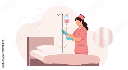 Nurse Administering IV Drip to Patient in Hospital Bed, Healthcare Concept