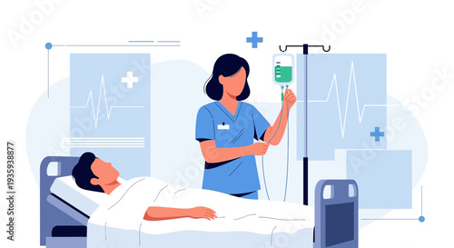 Nurse Administering IV Drip to Patient in Hospital Bed, Medical Care Concept