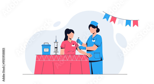Nurse Administering Vaccine Injection to Patient at Vaccination Station with Festive Bunting