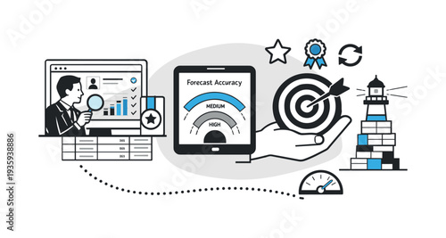 Business analytics and forecasting accuracy with performance indicators and goal achievement