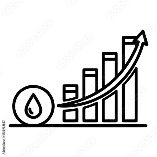 Liquid oil price growth surge icon with droplet and upward bar chart arrow line art vector representing increasing consumption or value isolated on transparent background