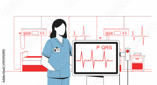 Nurse displays ECG monitor showing P QRS waves in hospital room with medical equipment