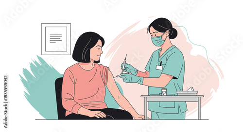 Nurse giving vaccination to a woman in a clinic, healthcare concept