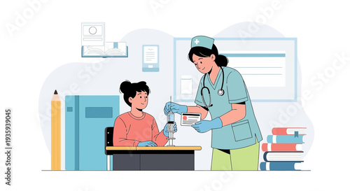 Nurse giving vaccination to a child at school, healthcare and education concept
