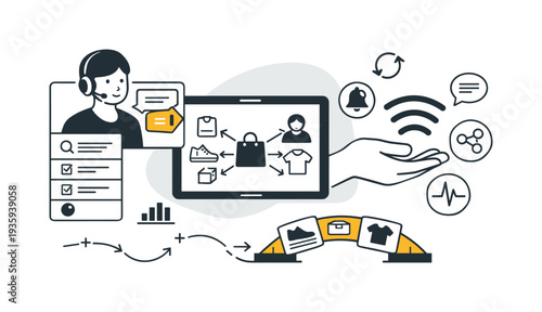 Modern minimal flat vector conceptual collage, crisp hard edges, consistent THIN outline stroke, rounded corners where needed,