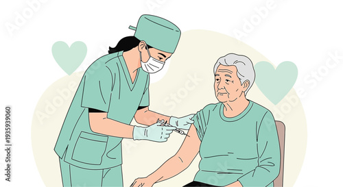 Nurse giving vaccination to elderly patient, healthcare, medical, protection, senior care, vaccination concept