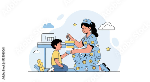 Nurse Helping Child with Books, Healthcare, Education, Pediatric Care, Childhood