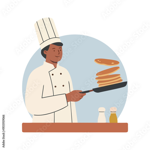 vector illustration featuring a professional chef cooking pancakes