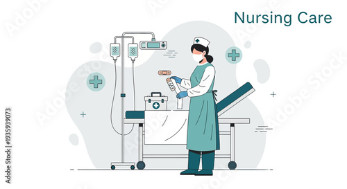 Nurse in protective gear administering medical treatment with IV drip and equipment in hospital room