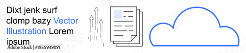 Cloud computing, file sharing, data storage, digital tools, productivity, information exchange. A document with upload arrows next to a cloud outline. Cloud computing and file sharing concept