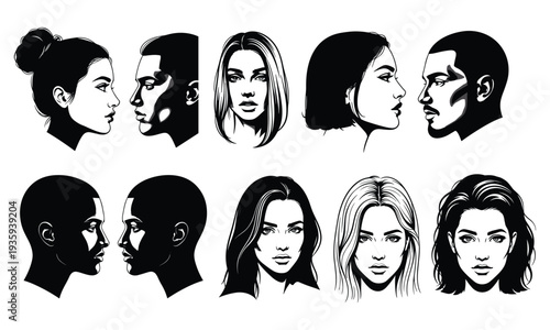 Stylized black and white illustrations of male and female human faces in profile and frontal views, emphasizing diverse expressions, hairstyles, and portrait art design.