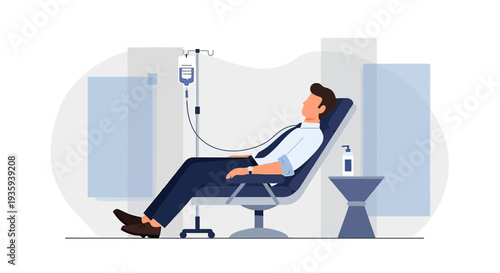 Patient receiving IV drip infusion therapy in a modern clinic chair, medical treatment concept