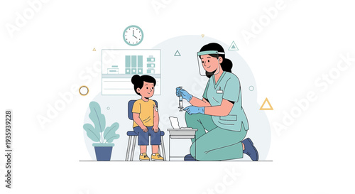 Pediatrician administering vaccine to a child in a clinic, healthcare concept