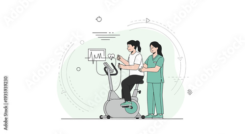 Patient on stationary bike with medical professional monitoring vital signs during exercise test