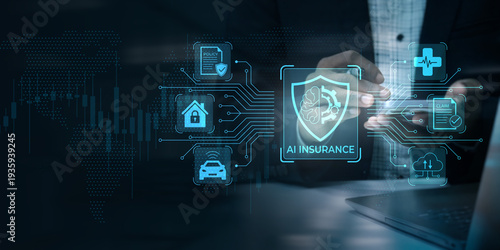 Schilderij op canvas Futuristic AI insurance concept with glowing icons for policy home car medical c