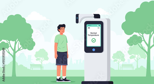 Person undergoing temperature check with contactless thermometer in park, health screening