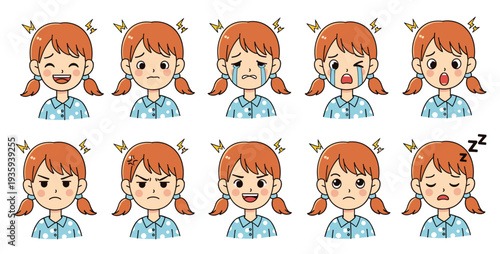Cartoon illustration of red‑haired girl in blue polka‑dot shirt showing ten distinct facial expressions, representing emotions like happiness, sadness, anger, surprise, and sleepiness.
