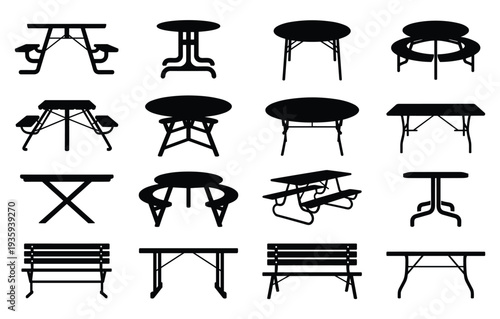 Collection of silhouette tables and benches in different styles and shapes