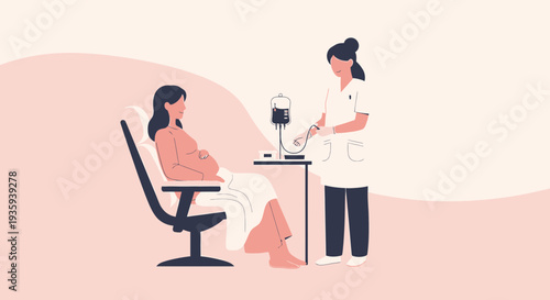 Pregnant woman receiving IV drip from nurse in clinic, healthcare concept