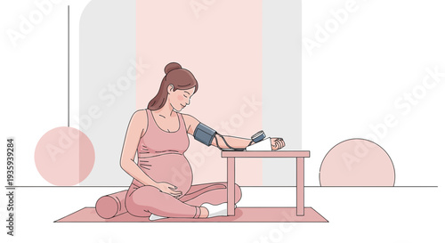 Pregnant Woman Checking Blood Pressure at Home, Healthy Pregnancy Lifestyle