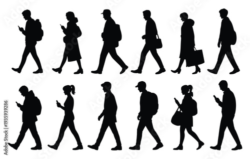 Black silhouettes of people walking using smartphones carrying backpacks and handbags