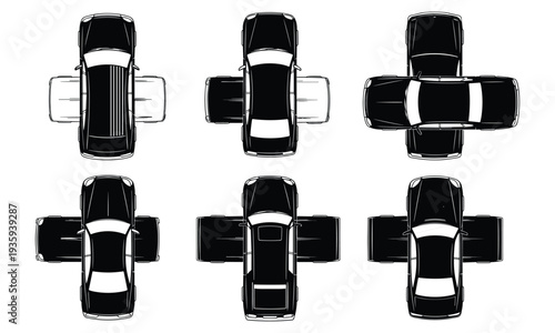 Top‑down vector illustrations of cars with attached trailers in varied positions and sizes, showing towing setups and vehicle modifications for transport or design studies.