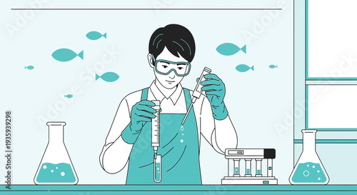 Scientist conducts water quality test in laboratory with fish tanks and beakers