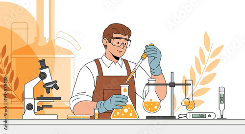 Scientist working in laboratory with microscope, flasks, and thermometer