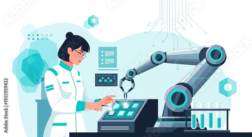 Scientist working with robotic arm in futuristic laboratory, innovation and technology