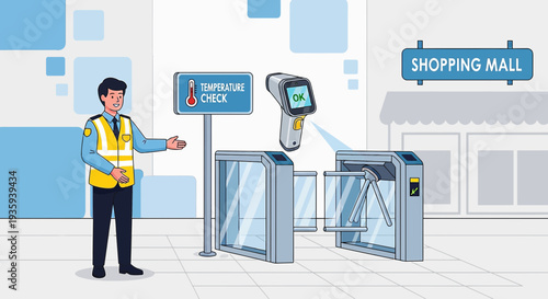 Security guard checks temperature at shopping mall entrance with thermal scanner and turnstile