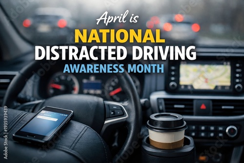 April is National Distracted Driving Awareness Month message in car interior