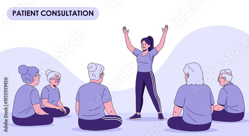 Senior patient consultation with fitness instructor for physical therapy and wellness