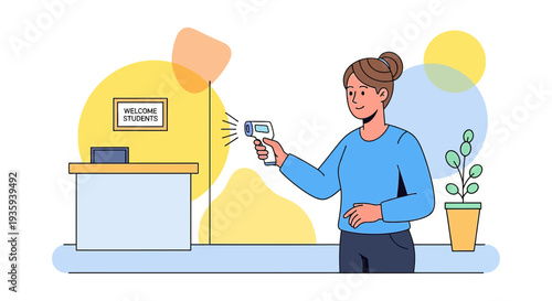 Student temperature check at school entrance with infrared thermometer, health safety
