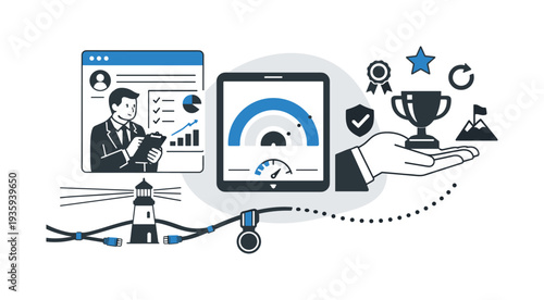 Modern minimal flat vector conceptual collage, crisp hard edges, consistent THIN outline stroke, rounded corners where needed,