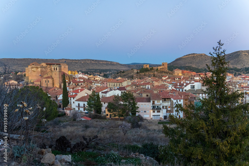 Fototapeta premium Mora de Rubielos medieval village with a castle during the Spring blossom Teruel Aragon Spain
