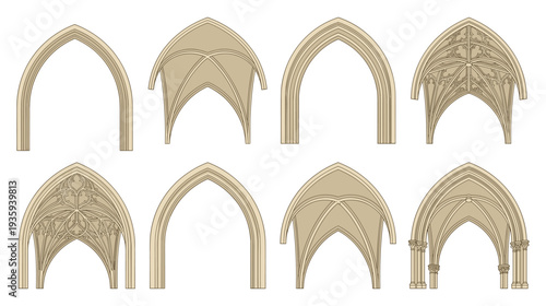 "Collection of eight Gothic architectural arch and vault illustrations featuring pointed arches, ribbed vaults, ornate tracery, decorative motifs, column supports, and medieval cathedral elements"