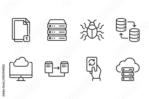 Collection of line icons for data management, security, and technology. Features server racks, cloud storage, bug, and file transfer icons.