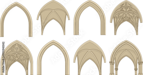 "Collection of eight Gothic architectural arch and vault illustrations featuring pointed arches, ribbed vaults, ornate tracery, decorative motifs, column supports, and medieval cathedral elements"