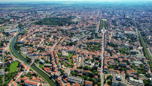 Aerial panoramic view above the old town around the city  Nancy in France on a sunny summer day. 