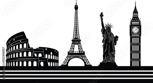 World Landmarks Silhouette Illustration Vector Featuring Colosseum, Eiffel Tower, Statue of Liberty, Big Ben, Global Heritage Icon, and Marketplace Success for Creative Projects
