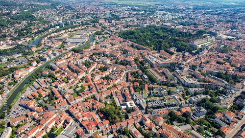 Aerial panoramic view above the old town around the city  Nancy in France on a sunny summer day. 