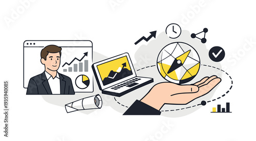 Modern minimal flat vector conceptual collage, crisp hard edges, consistent THIN outline stroke, rounded corners where needed,