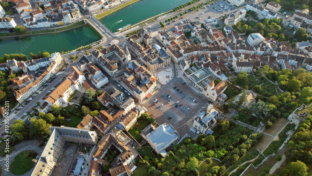 Fototapeta premium Aerial panoramic view above the old town around the city Château-Thierry in France on a sunny summer day. 