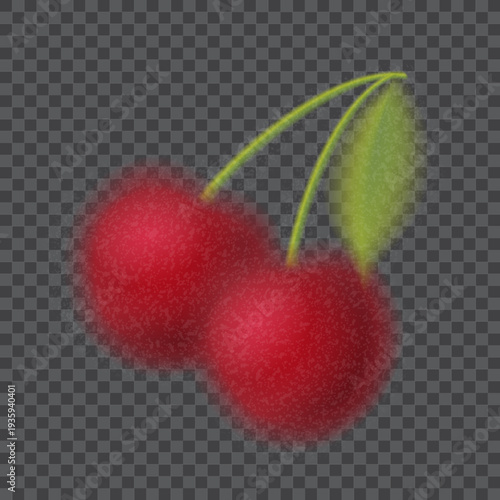 Gradient blurred cherries template. Vector illustration of vibrant cherries with blurred, transparent edges and grainy textures isolated on checkered background. Symbol of summer berry.