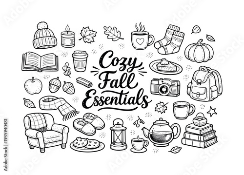 Wallpaper Mural Cozy fall lifestyle essentials, hand drawn doodle elements set, center hand-lettered title, black & white vector line art, bold Torontodigital.ca