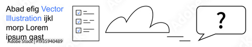 Cloud computing, data management, workflow organization, problem-solving, digital storage, software tools. Cloud icon, checklist question bubble. Cloud computing and data management concept